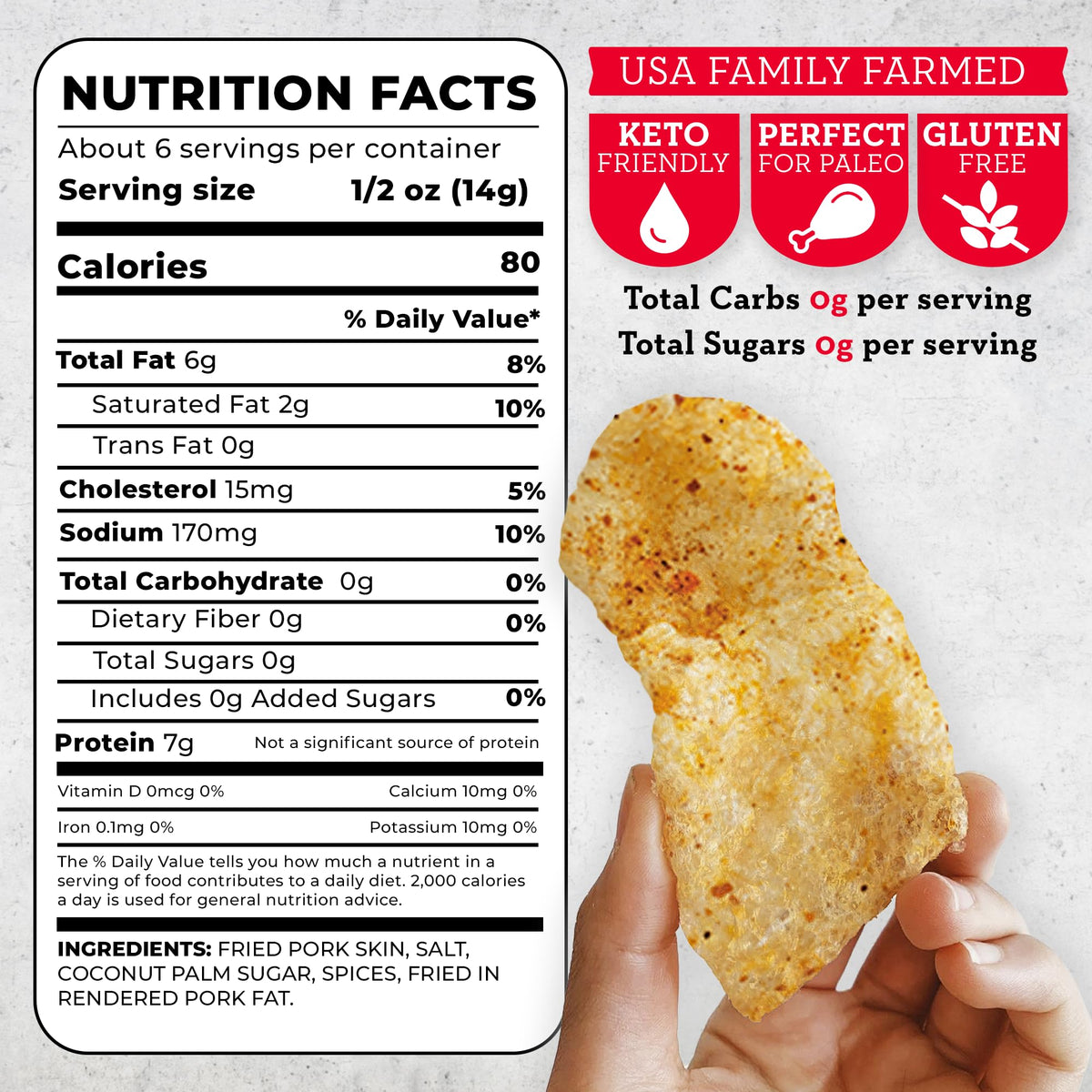 4505 Meats crispy chicharrones closeup highlights crisp texture and bold seasoning.