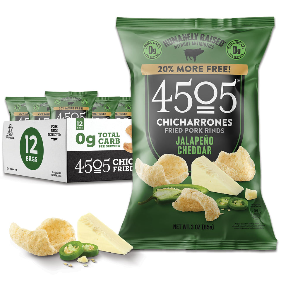4505 Meats Jalapeno cheddar pork rinds bags showcasing bold flavor and crunch