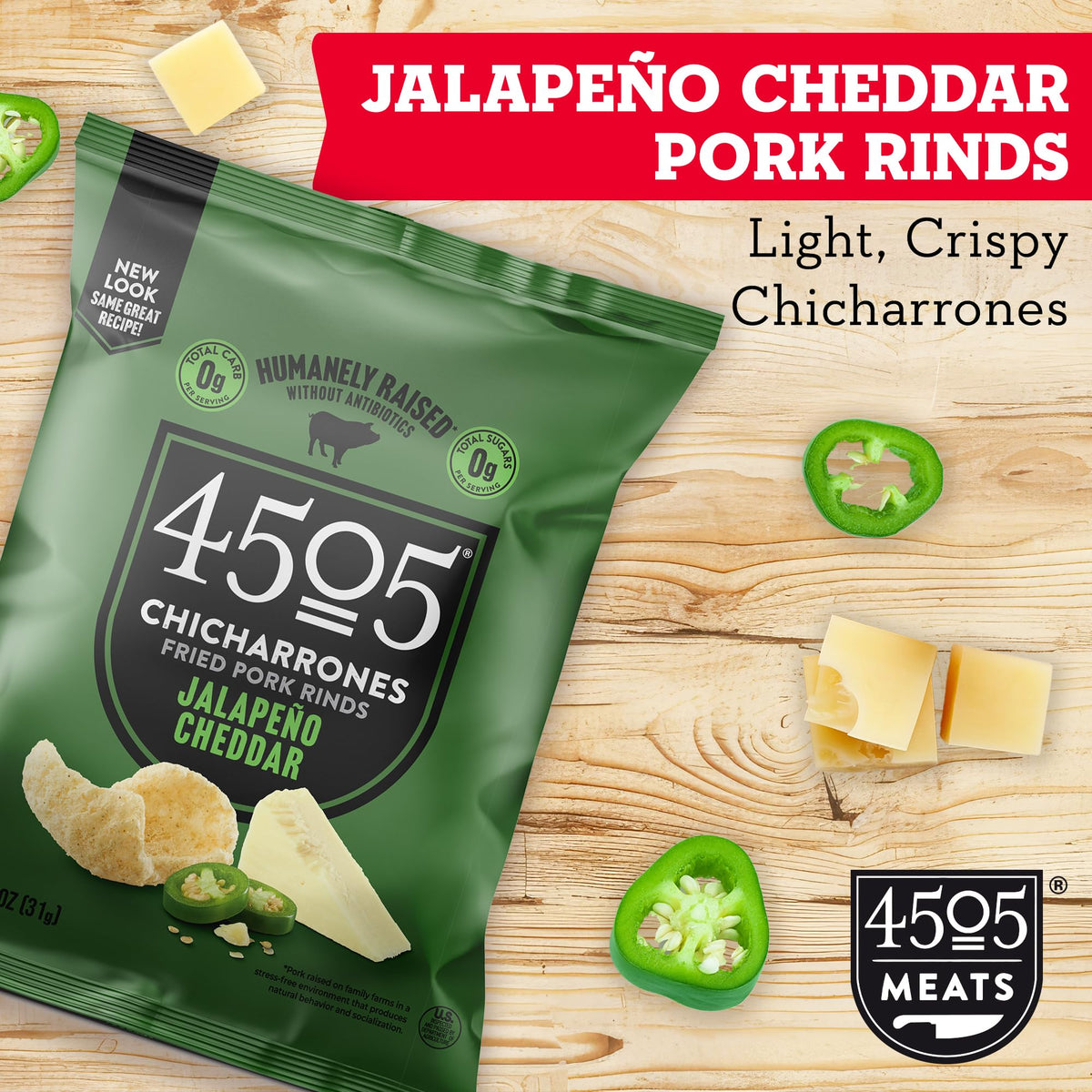4505 Meats Jalapeno Cheddar pork rinds close-up texture showing crispy crunch and bold flavor.
