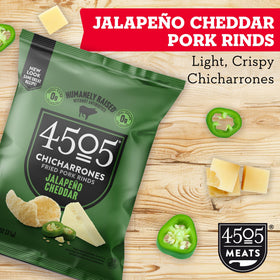 4505 Meats Jalapeno Cheddar pork rinds close-up texture showing crispy crunch and bold flavor.