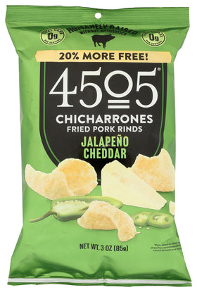 Hero shot of 4505 Jalapeno cheddar chicharrones ideal for on-the-go snacking
