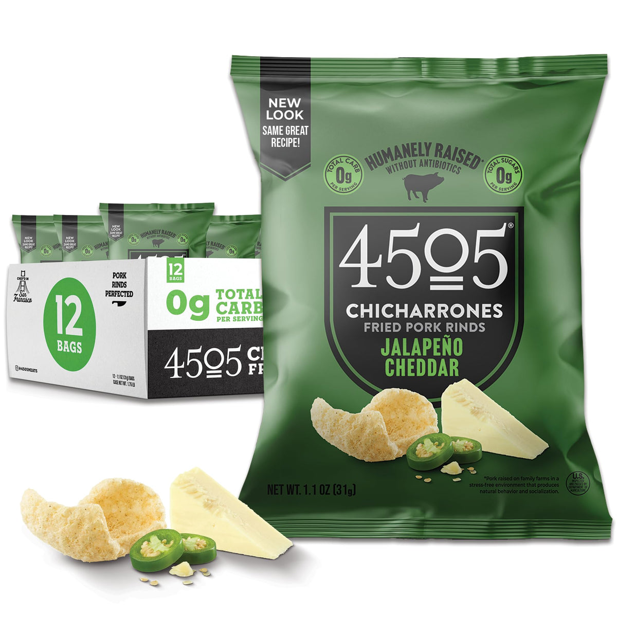 4505 Meats Jalapeno Cheddar pork rinds pack of 12, convenient on-the-go snack.