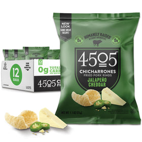 4505 Meats Jalapeno Cheddar pork rinds pack of 12, convenient on-the-go snack.