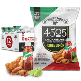 4505 Meats Tajín Chile Limón pork rinds in a pack for keto-friendly snacking.