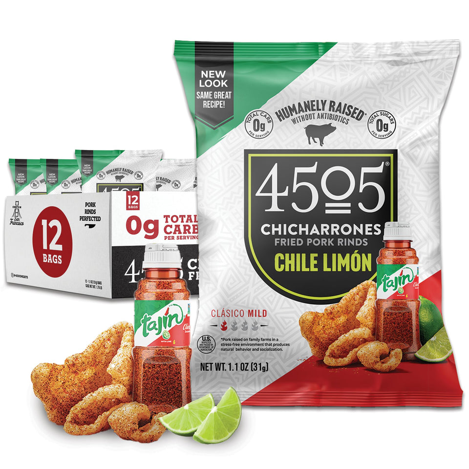 4505 Meats Tajín Chile Limón pork rinds in a pack for keto-friendly snacking.