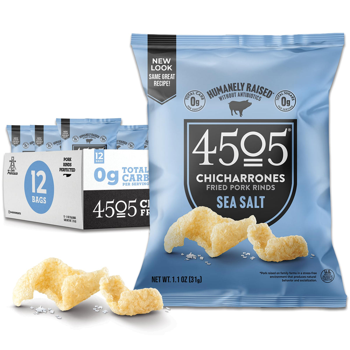 4505 Sea Salt Chicharrones 12-pack snack ready for on-the-go protein.