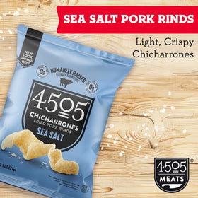 4505 Sea Salt Chicharrones crispy bite for keto-friendly snacking.