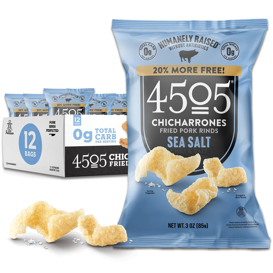 4505 Sea Salt Chicharrones 12-pack display for convenient snacking.