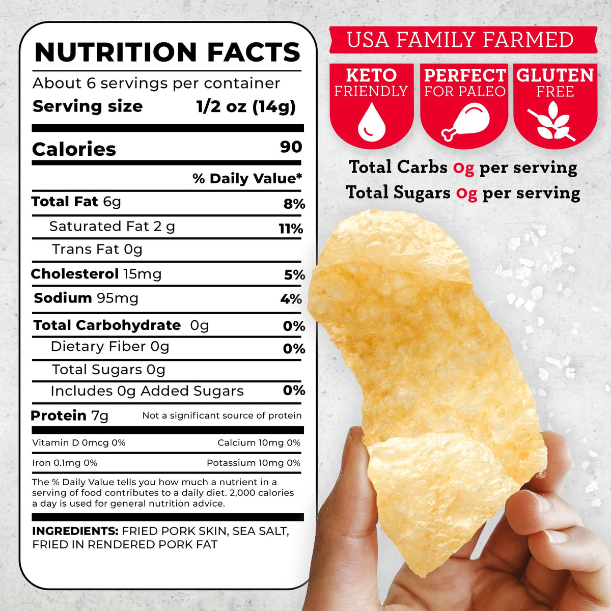 4505 Sea Salt Chicharrones packaging highlighting gluten-free option.