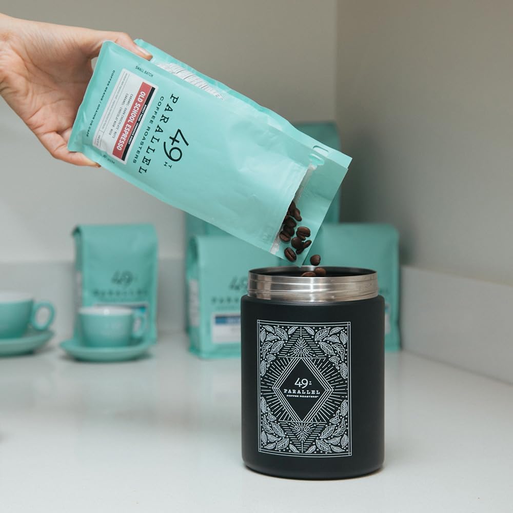 49th Parallel Old School Espresso packaging emphasizing direct-trade origins