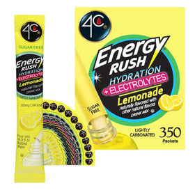 4C Energy Rush Stix Lemonade bottle pour showing refreshing on-the-go hydration.