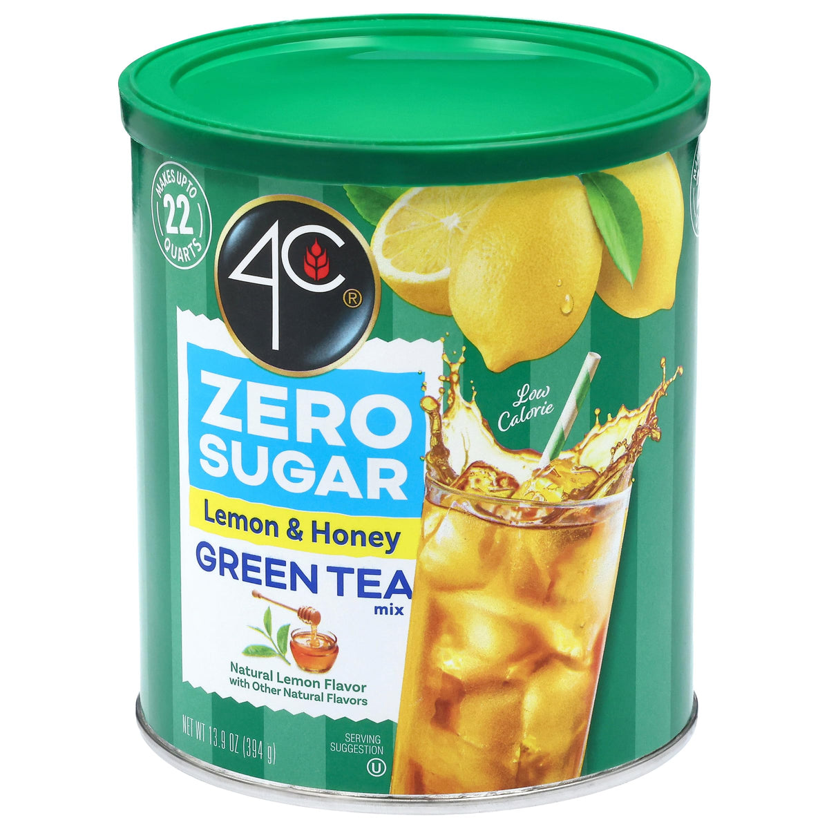 4C Green Tea Zero Sugar packshot featuring a family-sized canister for gatherings