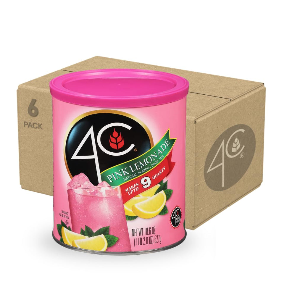 4C Pink Lemonade powder canister in a six-pack for family-sized servings.
