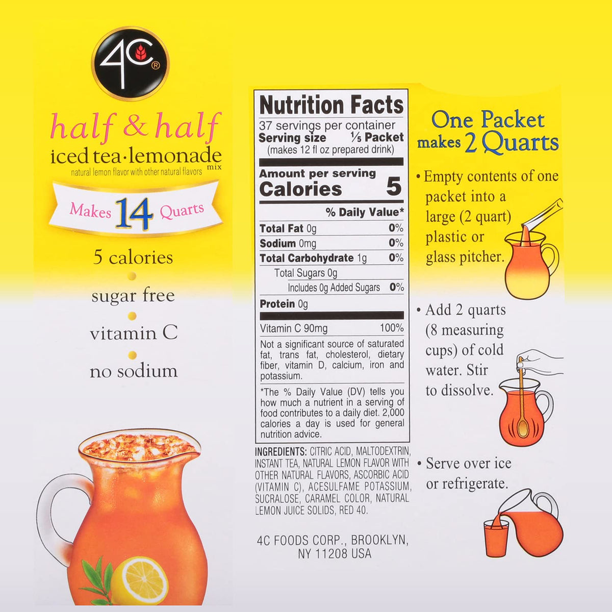 4C lemonade powder drink mix being poured into a glass with ice for quick refreshment