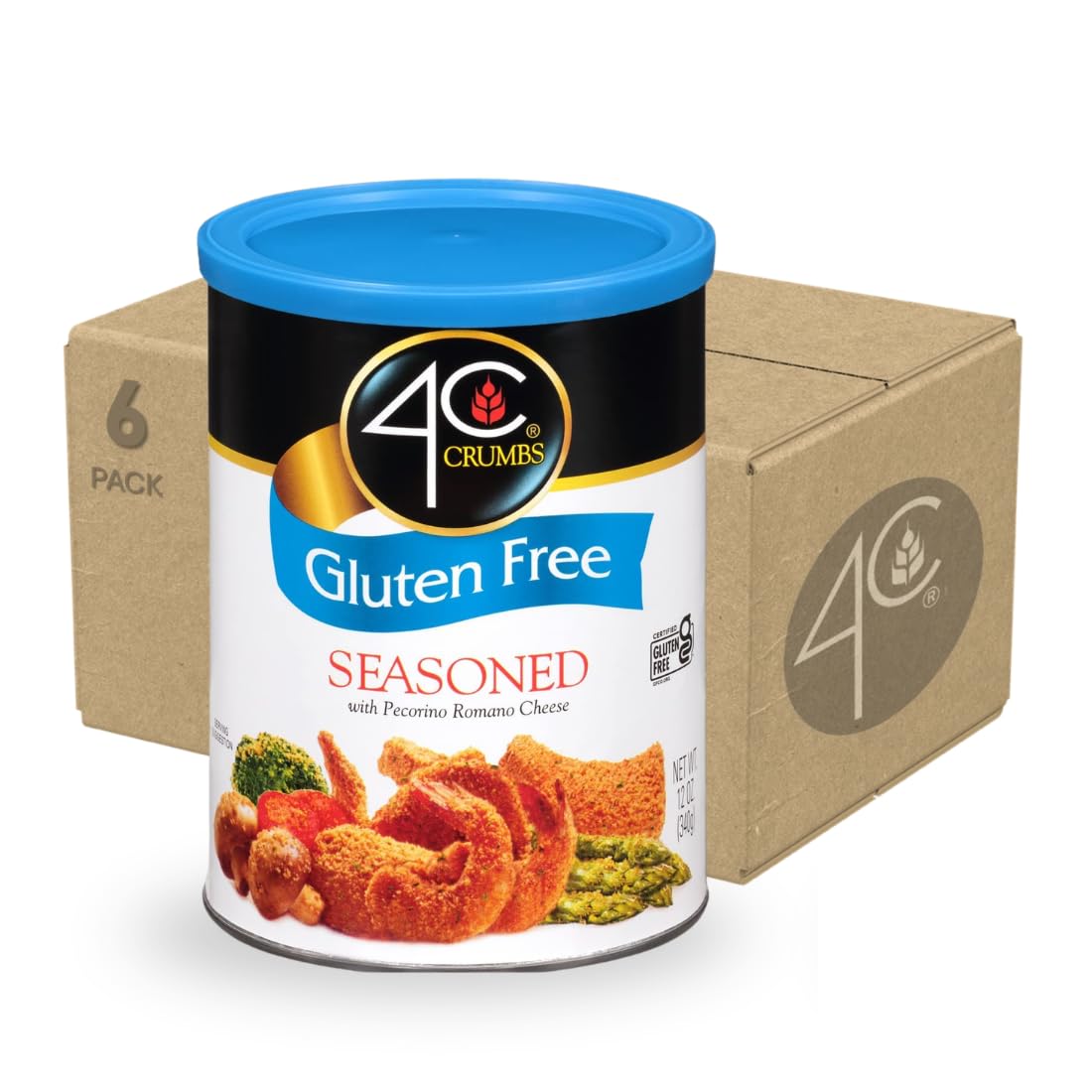4C Premium Gluten Free Bread Crumbs seasoned 6-pack front view for pantry stocking.