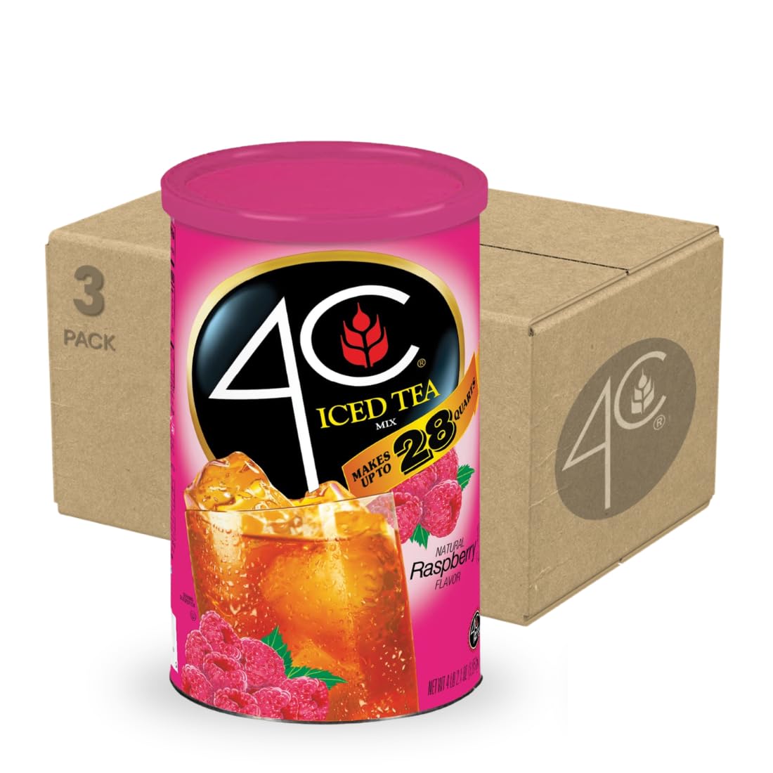 4C Raspberry Tea canister close-up, ready-to-make mix for home use