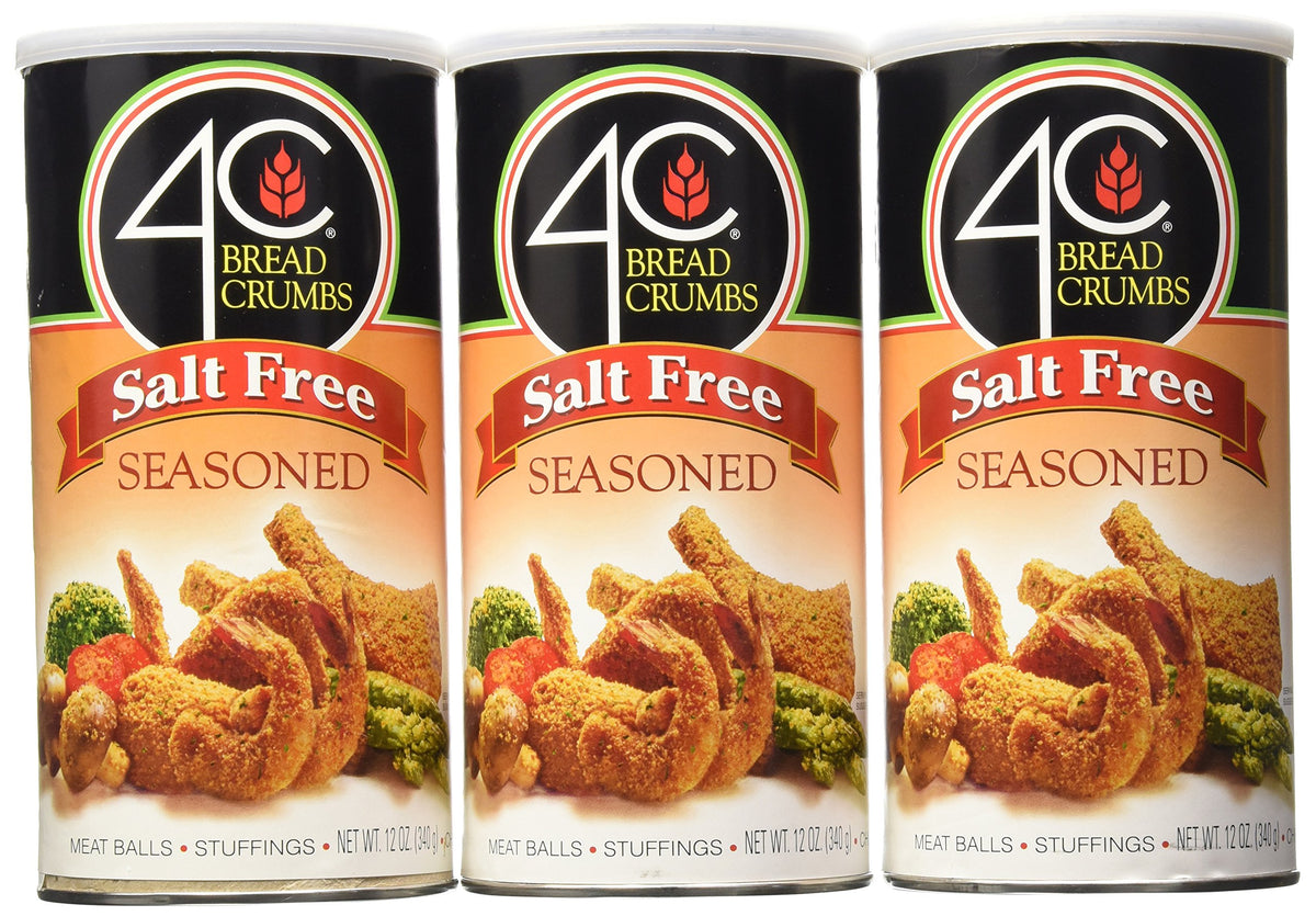 4C Salt Free Seasoned Bread Crumbs box shows three-pack packaging for easy low-sodium meals
