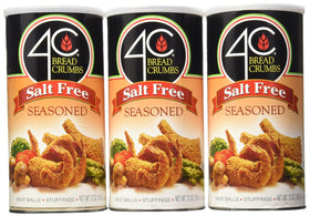 4C Salt Free Seasoned Bread Crumbs box shows three-pack packaging for easy low-sodium meals