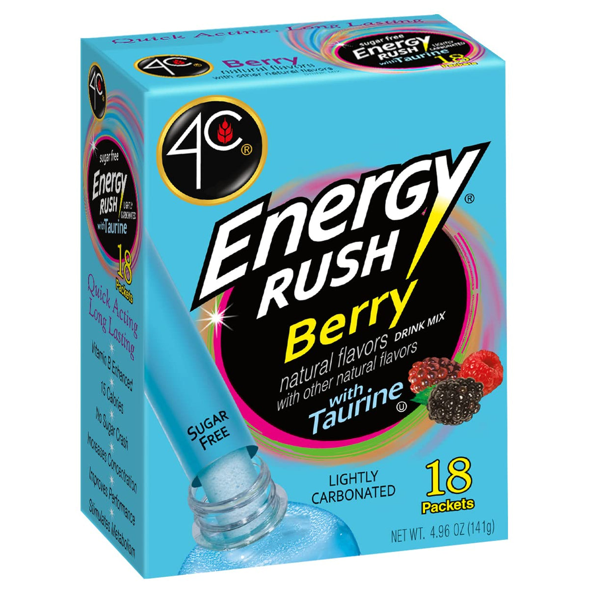 4C Totally Light 2 Go Energy Rush Berry box back highlights flavor profile and packaging details.