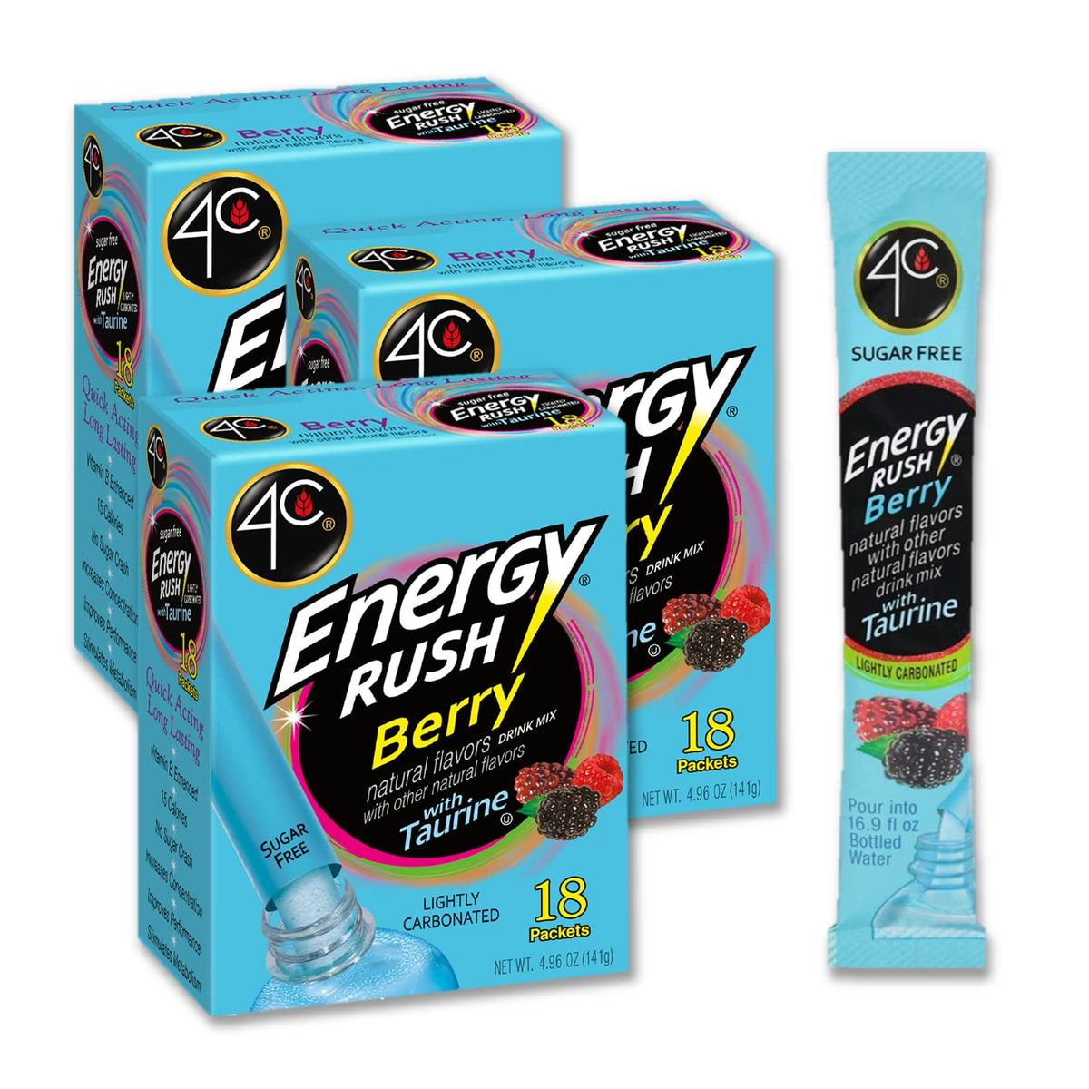 4C Totally Light 2 Go Energy Rush Berry box front displays sugar-free, on-the-go energy.