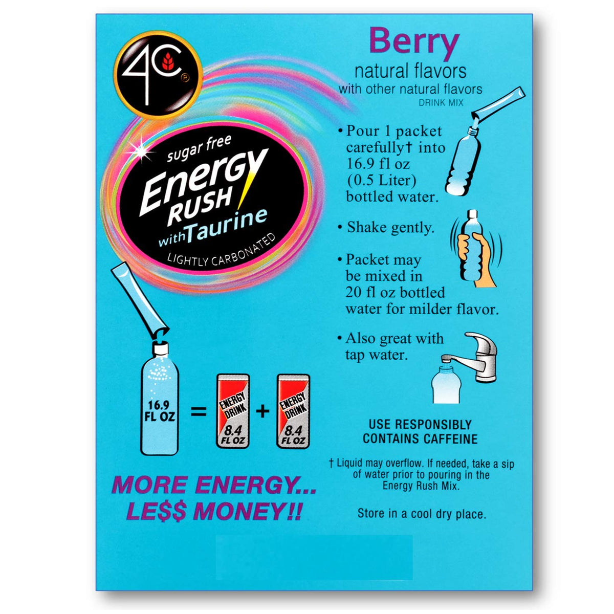 4C Totally Light 2 Go Energy Rush Berry glass-pour illustrates mix-ready convenience.