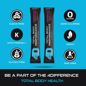 4D Raspberry Lemonade drink mix box highlighting gluten-free and vegan-friendly
