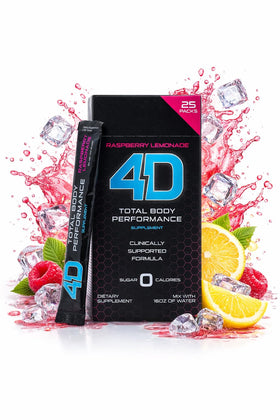 4D Raspberry Lemonade drink mix dissolving in water for quick, sugar-free energy