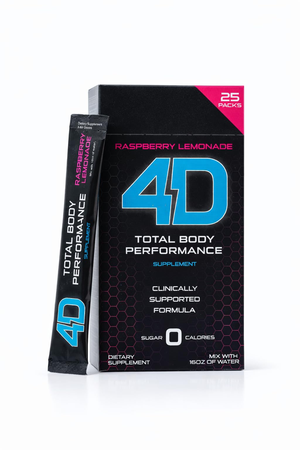 4D Raspberry Lemonade drink mix sachet poured into water for zero-calorie hydration