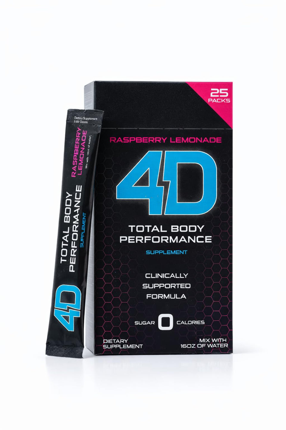 4D Raspberry Lemonade drink mix sachet poured into water for zero-calorie hydration