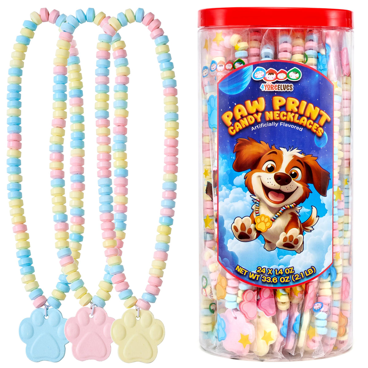 4YoreElves paw print candy necklace with pastel beads, full display, ideal party accessory