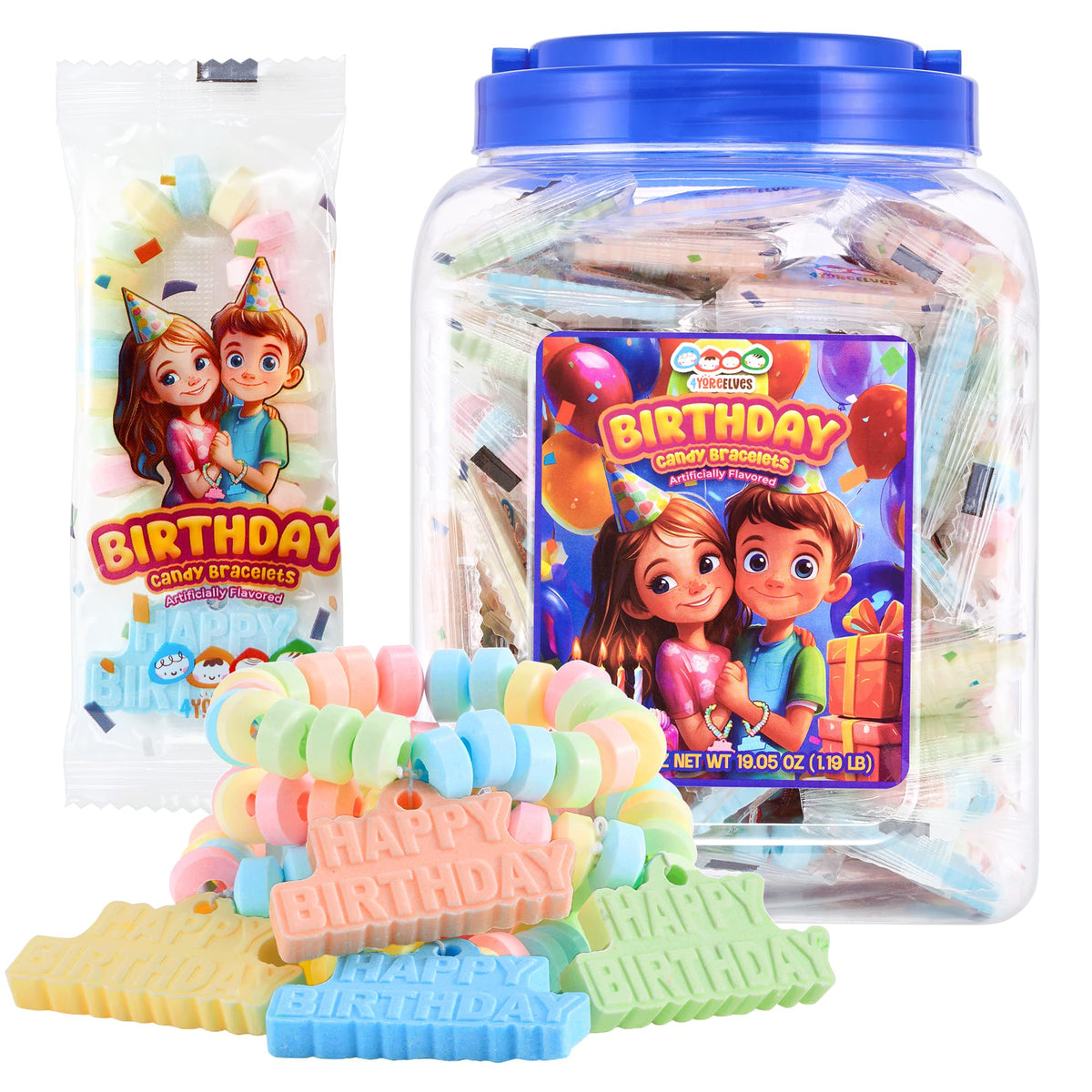 4YoreElves 36 Happy Birthday Candy Bracelets pack, colorful party favors for celebrations.