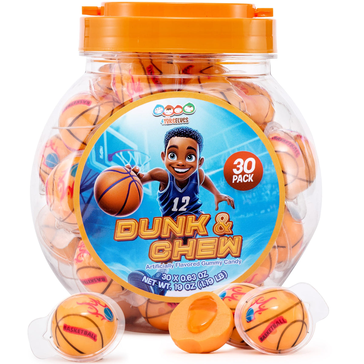 4YoreElves basketball candy tub close-up showing orange filling for party favors.