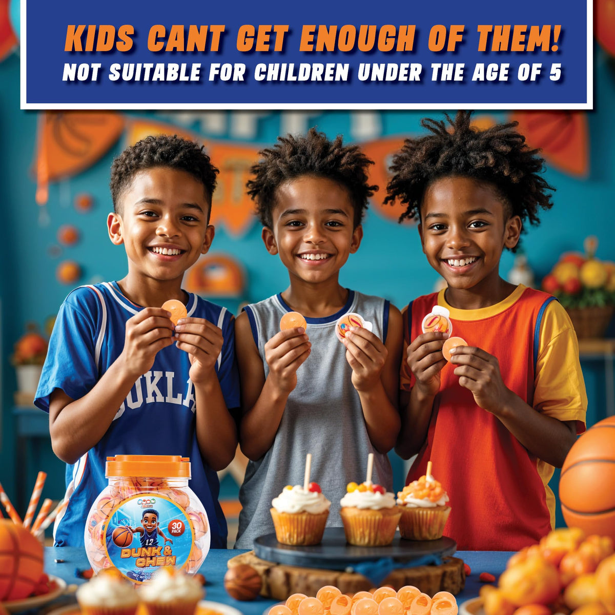4YoreElves basketball party favors arranged for a festive candy table.