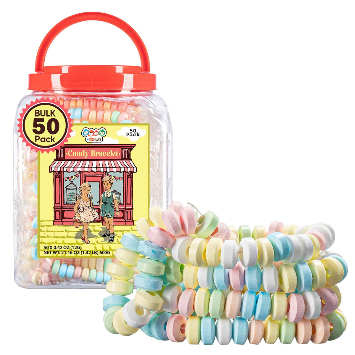 4YoreElves candy bracelets pastel display tub on a festive party setup