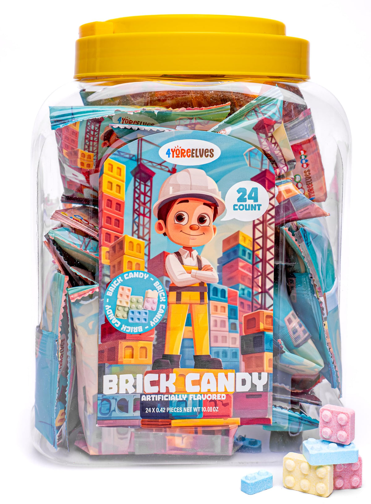 4YoreElves Candy Bricks centerpiece display; interactive building activity for guests.