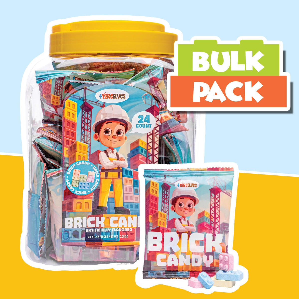 4YoreElves Candy Bricks close-up; crunchy texture and tutti frutti aroma.