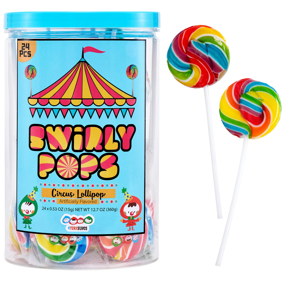 4YoreElves Circus Rainbow Lollipops pack, vibrant swirls, perfect for party favors and cake toppers.