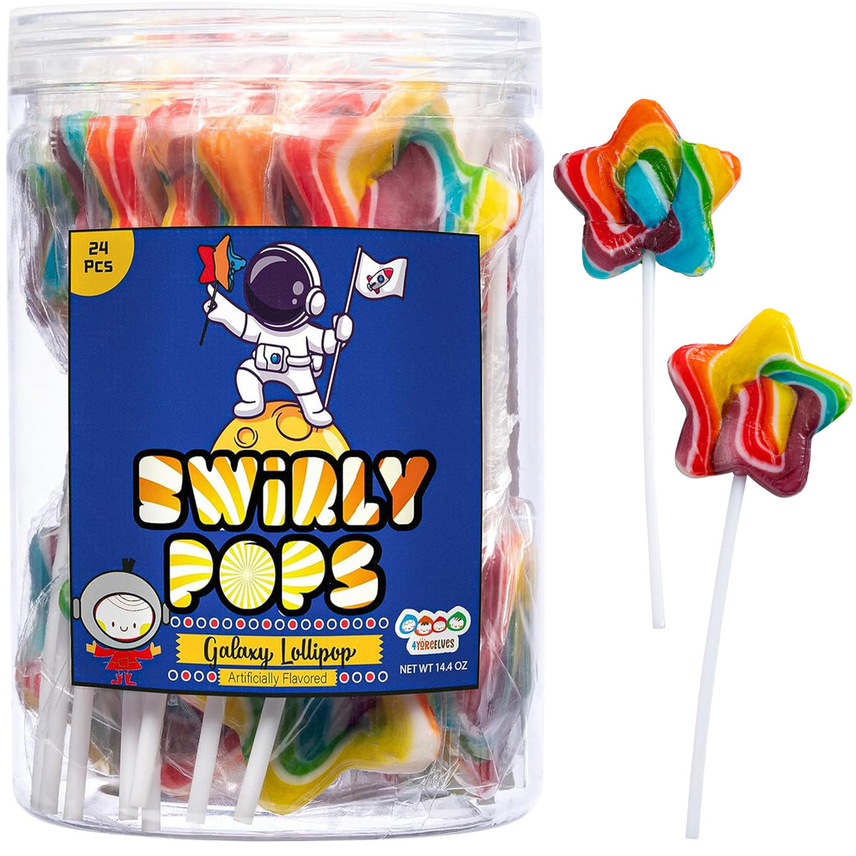 4YoreElves Galaxy Star Rainbow Lollipops, 24-pack, ideal party favors with fruity flavors