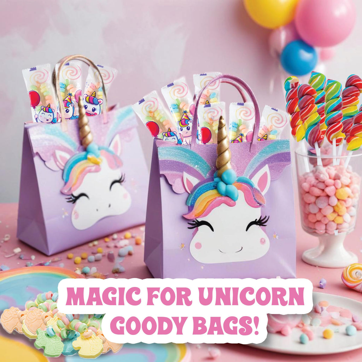 4YoreElves party favor display with unicorn candy bracelets.