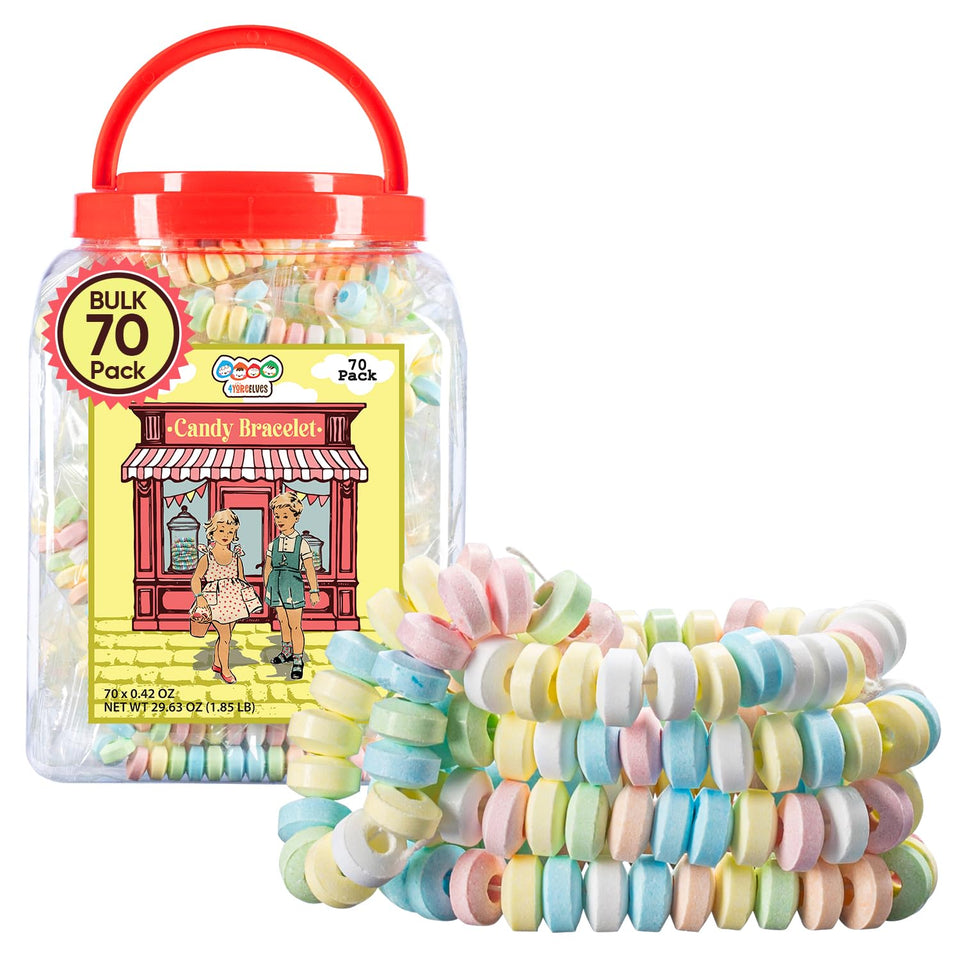 4YoreElves pastel candy bracelets displayed in a tub for party decor and gifting