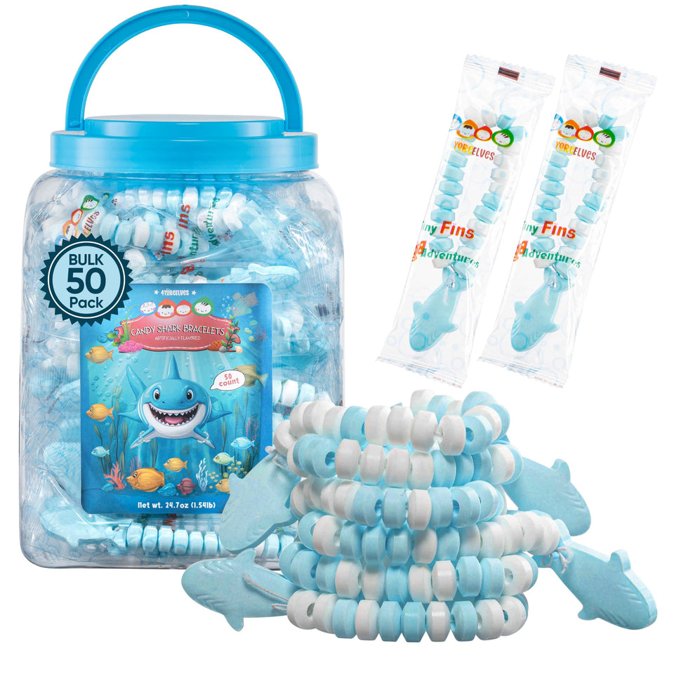 4YoreElves shark candy bracelets in a display tub for under-the-sea party favors.