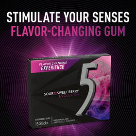 Close-up of 5 GUM Evolution Sour to Sweet Berry stick highlighting flavor transition