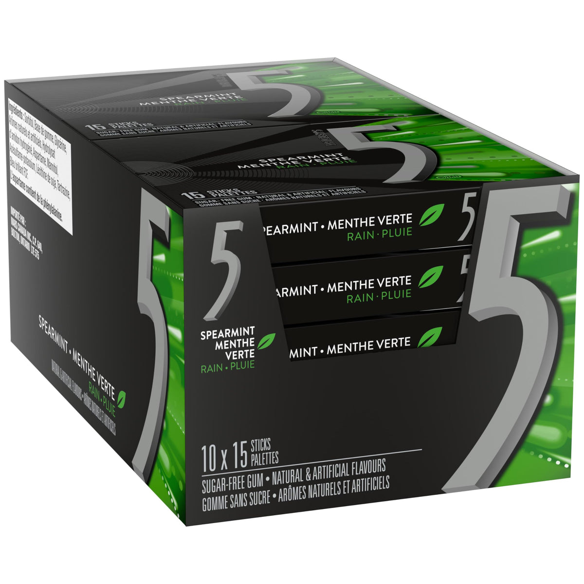 5 Gum Rain-Tingling Spearmint pack back highlights flavor details.