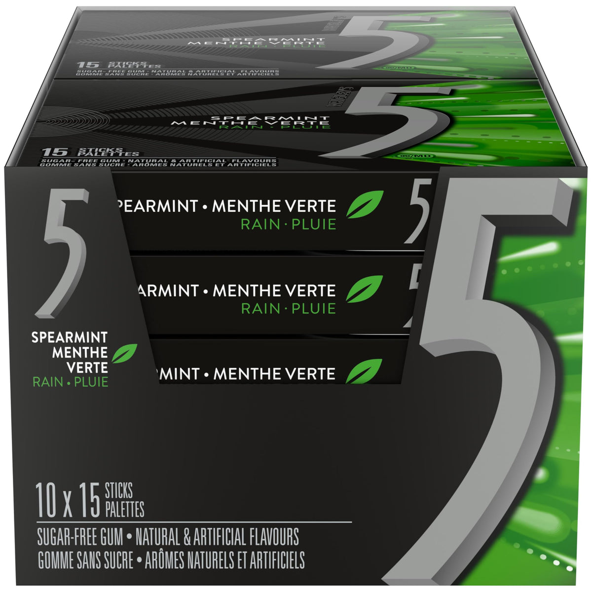 5 Gum Rain-Tingling Spearmint pack front showcases on-the-go freshness.