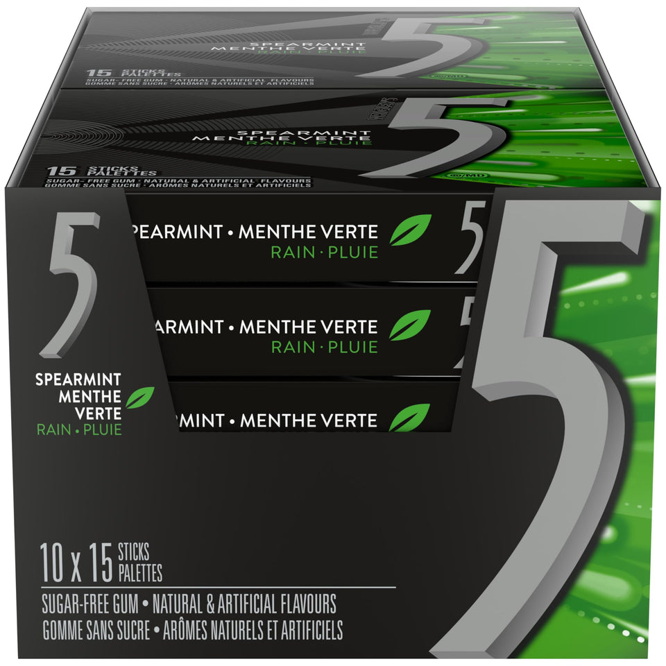 5 Gum Rain-Tingling Spearmint pack front showcases on-the-go freshness.