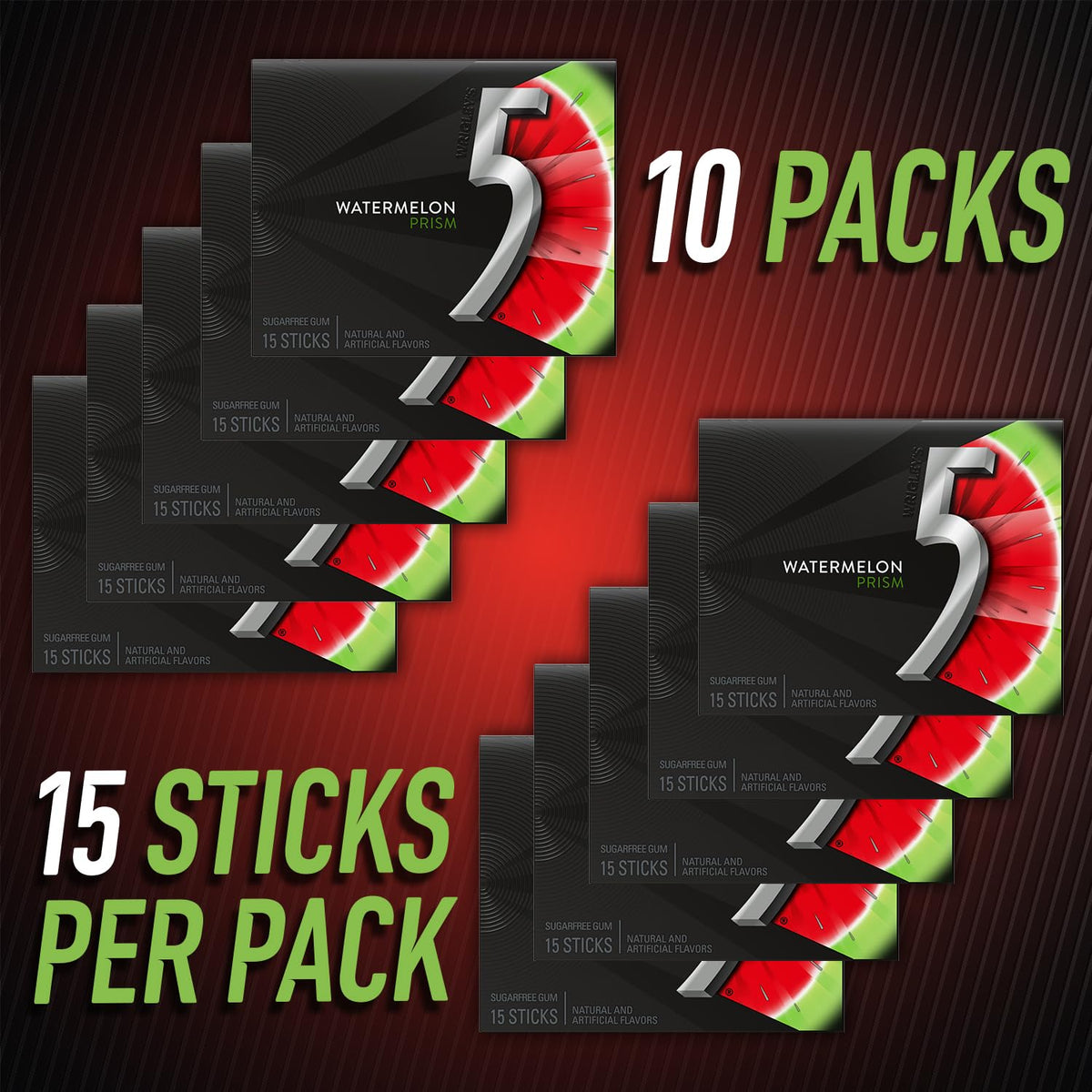 5 Gum Watermelon Prism individually wrapped sticks close-up emphasizes freshness and portability.