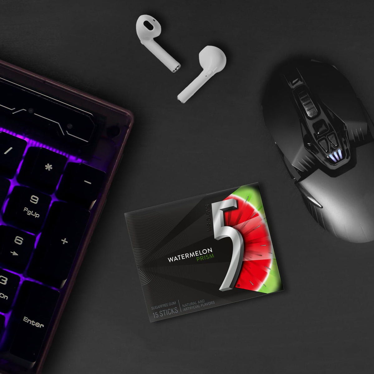 5 Gum Watermelon Prism pack label close-up communicates bold flavor and modern design.