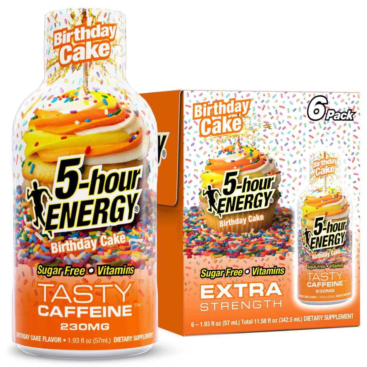 5-hour ENERGY Birthday Cake bottle shows sugar-free energy for on-the-go focus