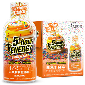 5-hour ENERGY Birthday Cake bottle shows sugar-free energy for on-the-go focus