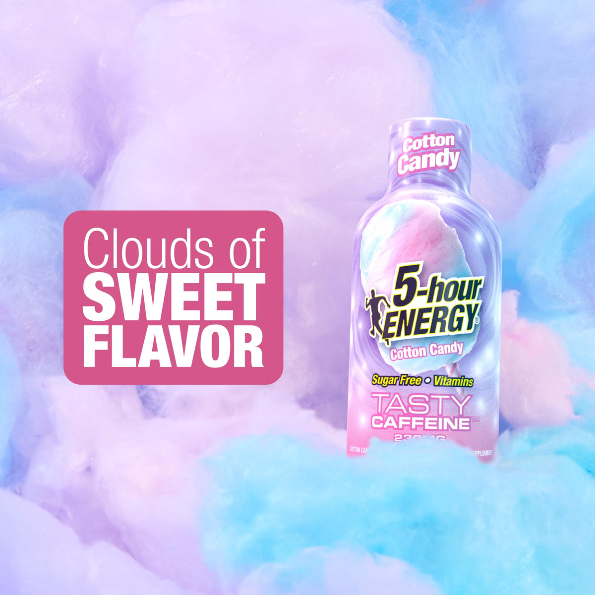 Close-up of 5-hour ENERGY Cotton Candy shot label highlighting zero calories